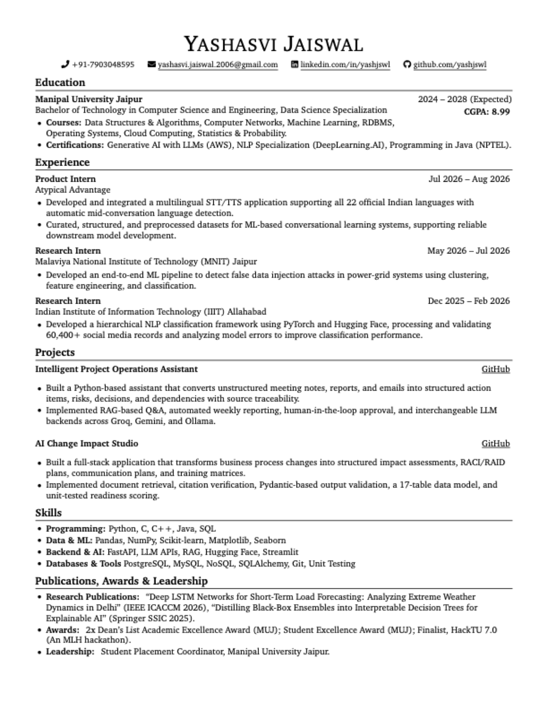 Yashasvi Jaiswal - Resume